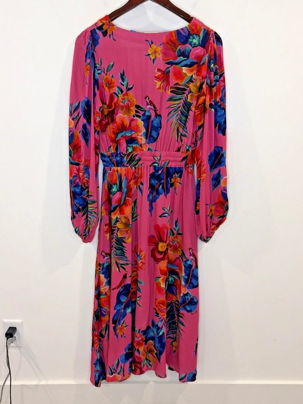 Farm Rio Anthropologie Midi Dress S Long Sleeve Floral Boho Tropical Pink Resort - Picture 6 of 16